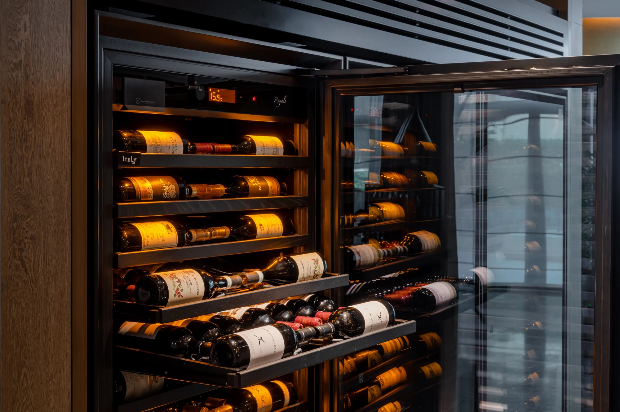 Royal installation in a hospitality space, with an assumed premium visual presence, to magnify the wine list and the experience... Secondary view of the installation.